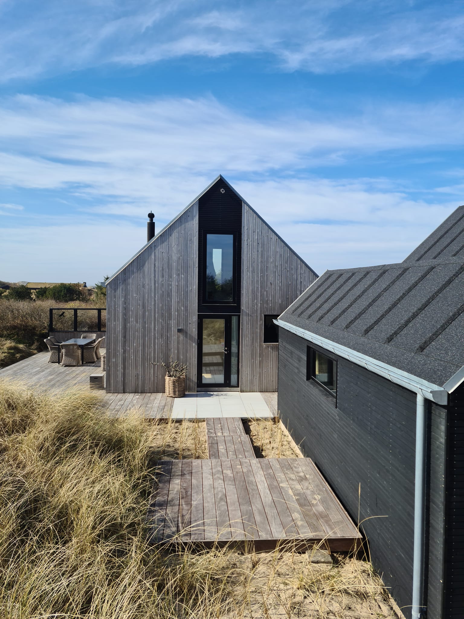 Moderne sommerhus ved klitter og blå himmel